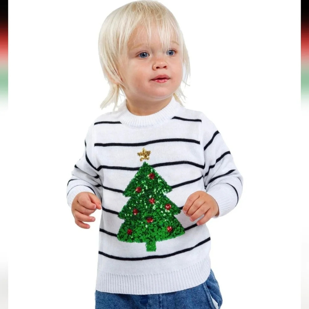 BABY / TODDLER WHITE STRIPED CHRISTMAS TREE SWEATER SIZE 18M